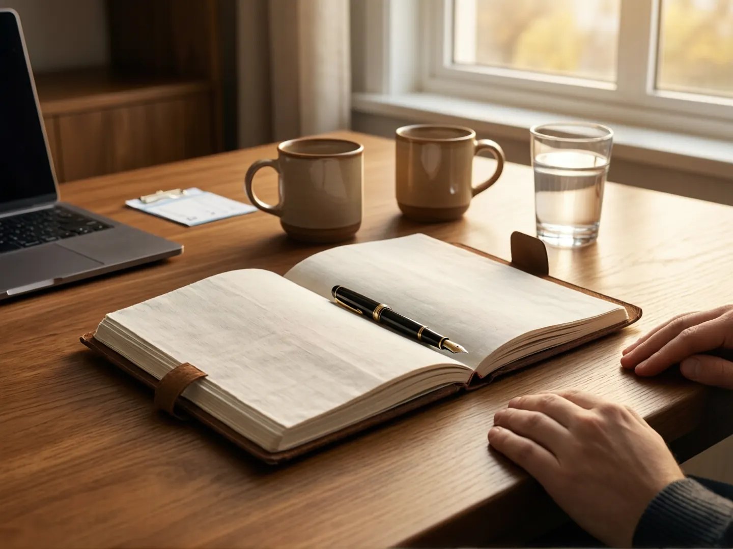 An open notebook and ceramic mugs on a consultation desk