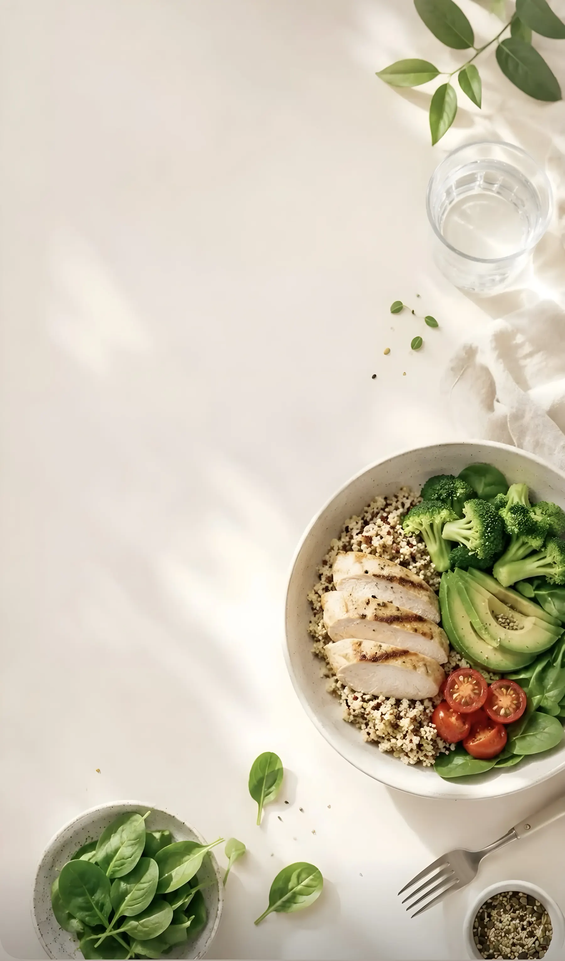 A bowl of chicken, grains, broccoli, avocado and tomatoes with fresh greens