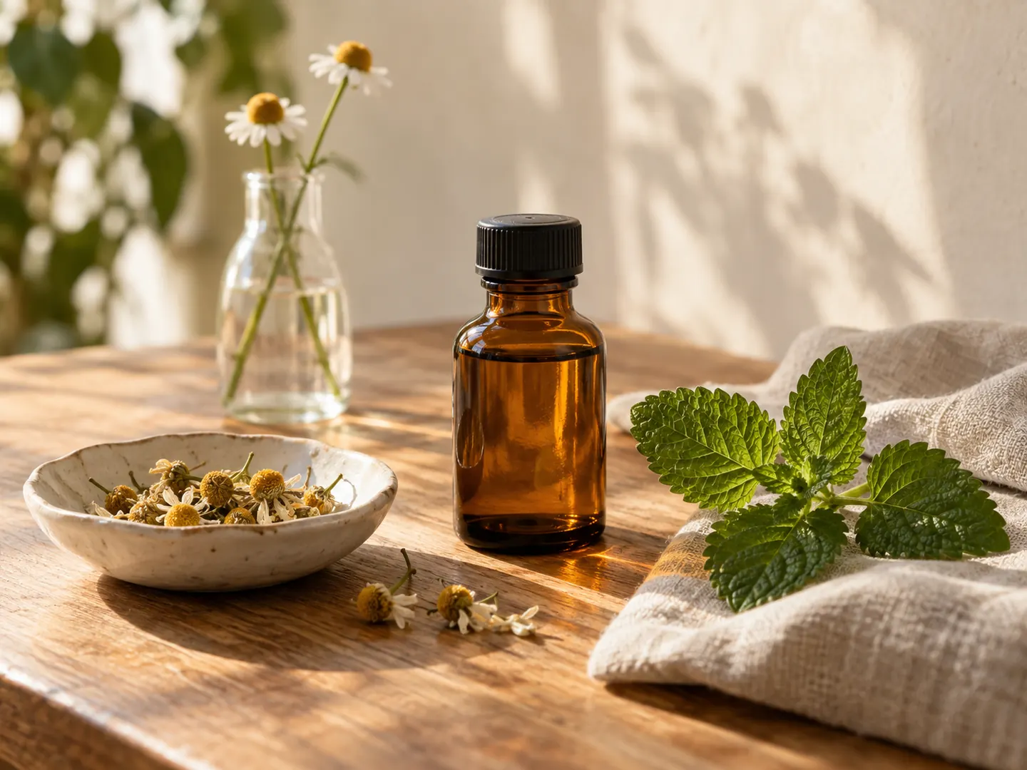 Amber glass, chamomile flowers and fresh lemon balm on linen
