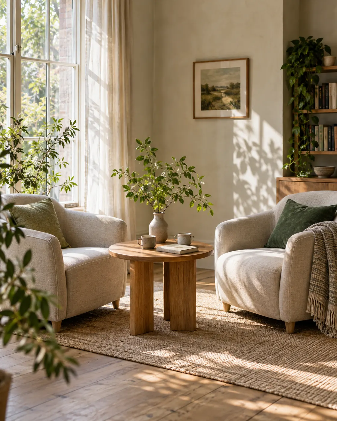 Two linen armchairs and a small oak table in a sunlit consultation room