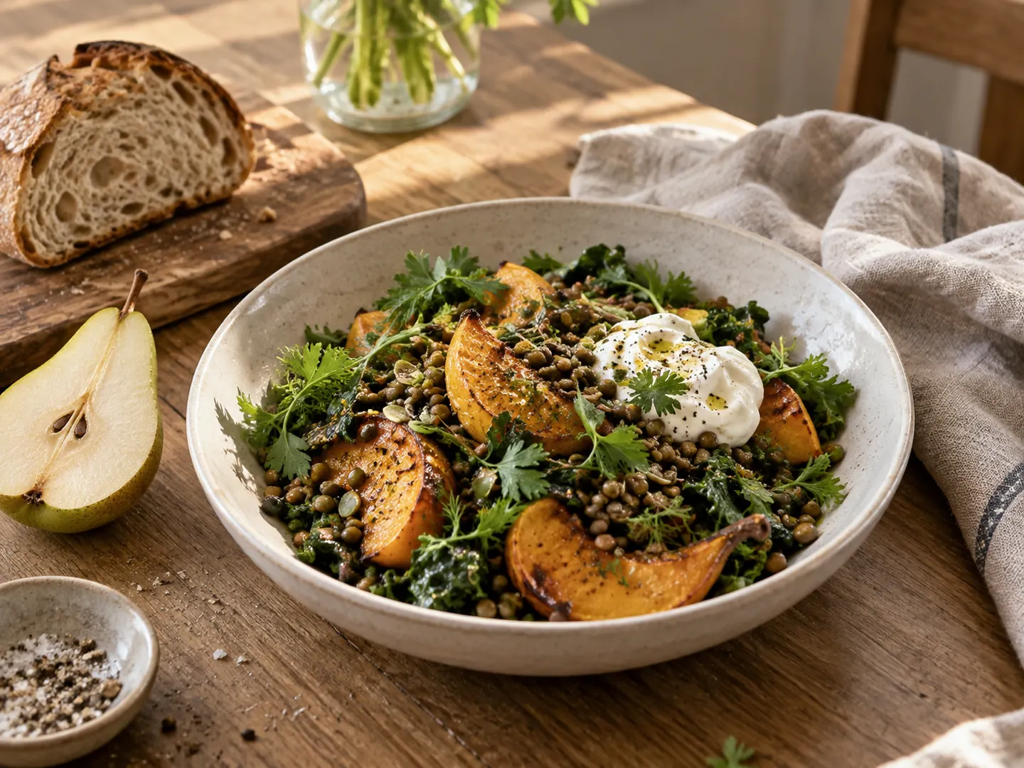 Roasted squash, lentils and herbs with sourdough and a pear