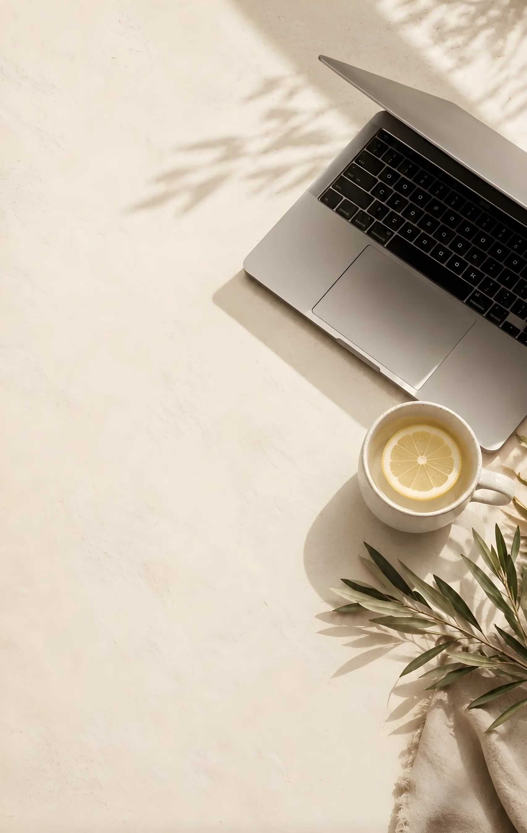 An open laptop beside a cup of lemon tea on a linen tablecloth