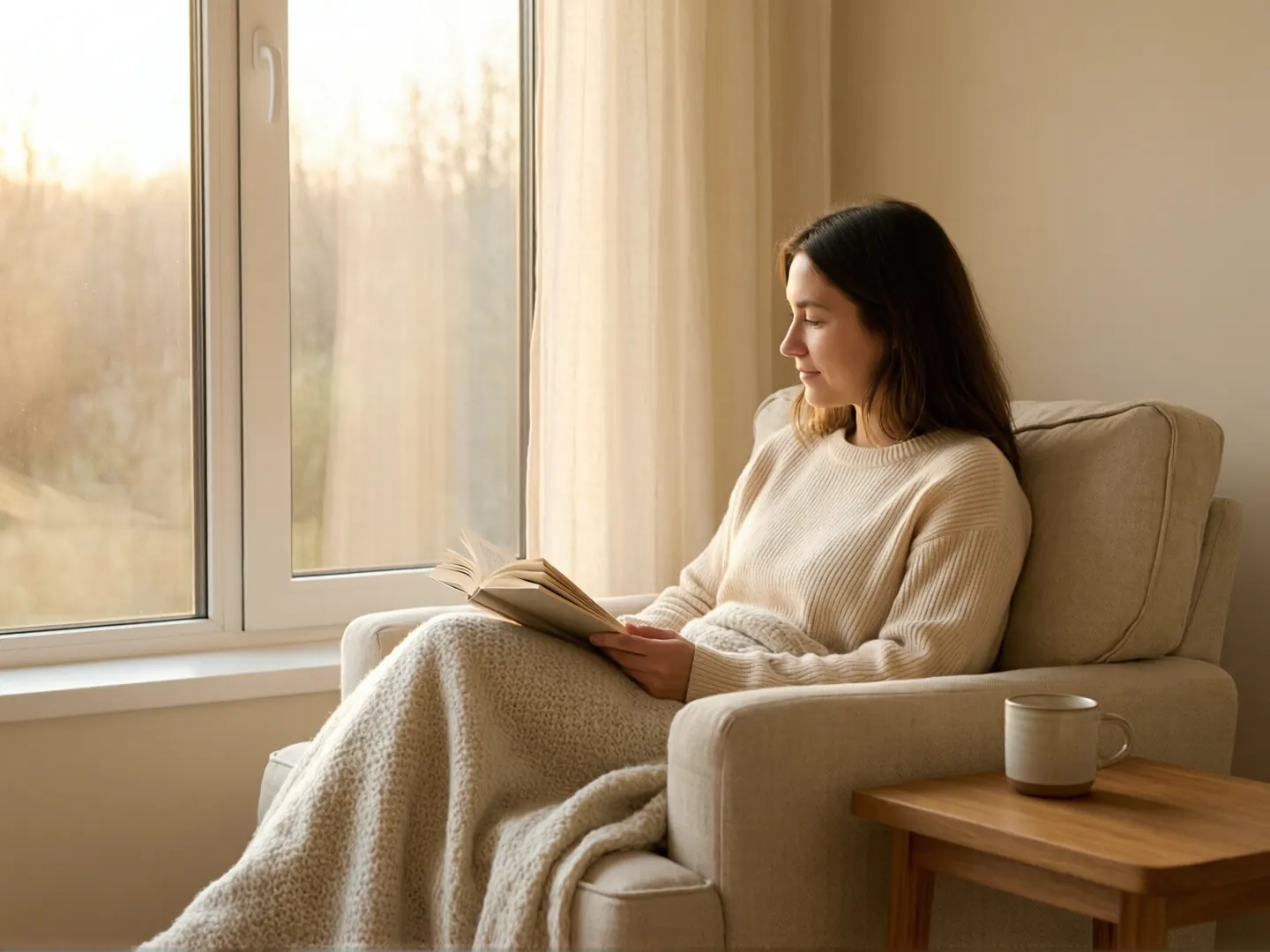 A quiet moment reading by a sunlit window