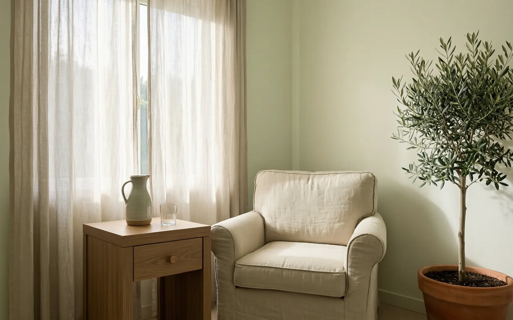 A linen armchair and oak table in a peaceful consultation space