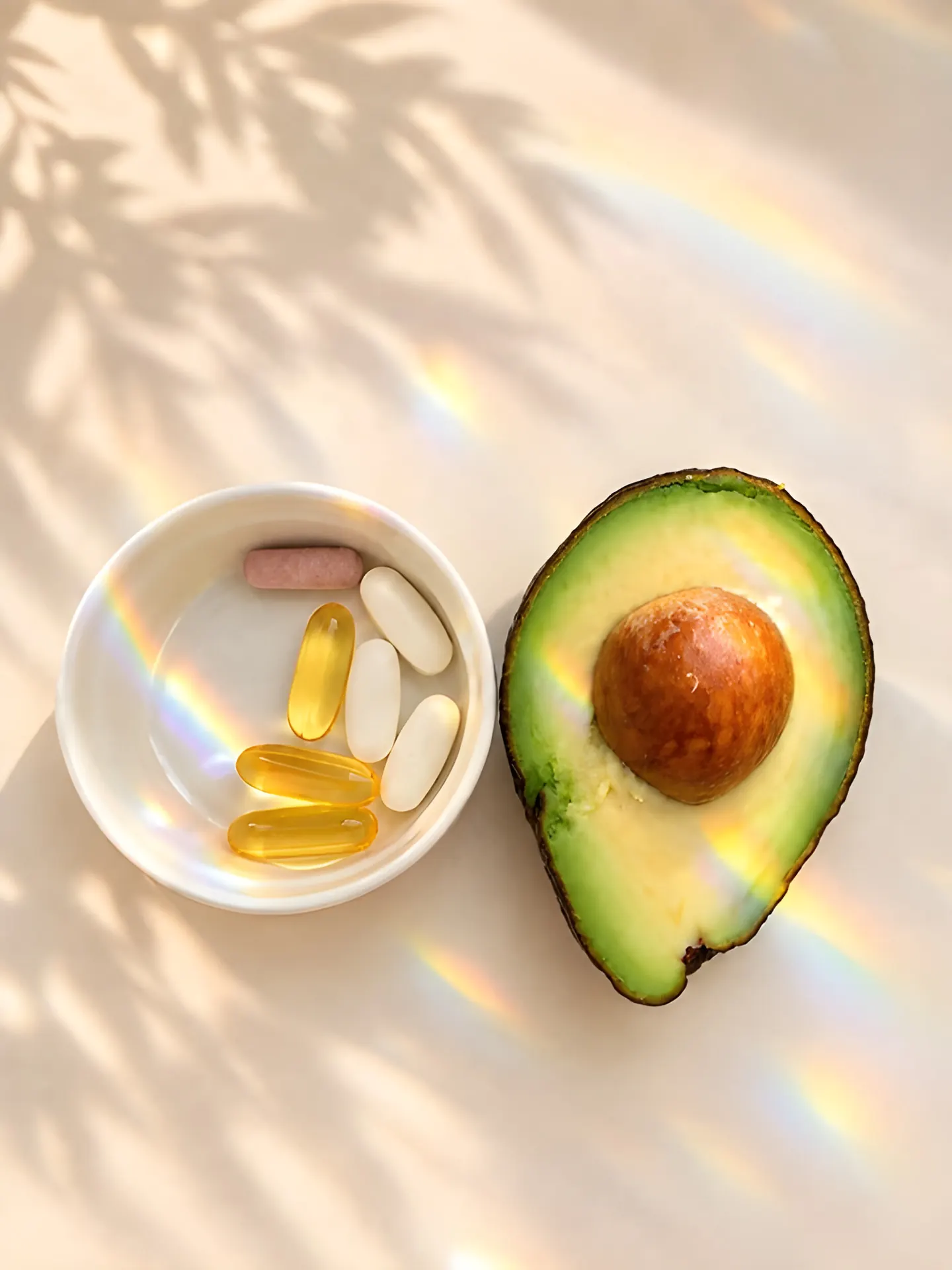 Supplement capsules in a small bowl beside half an avocado, in rainbow light