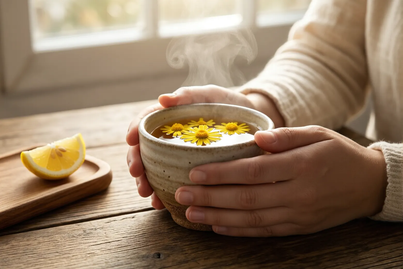 Hands around a stoneware cup of tea in soft window light