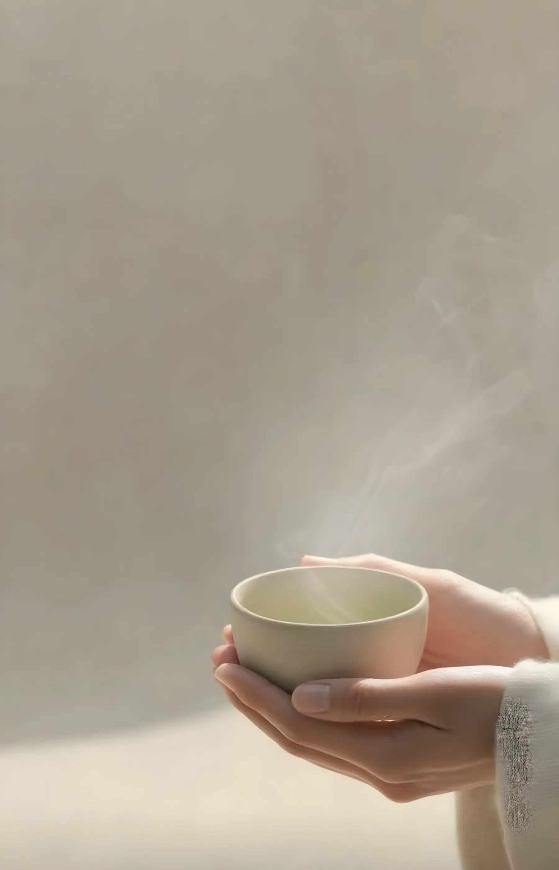 Hands holding a small cup of tea in soft light